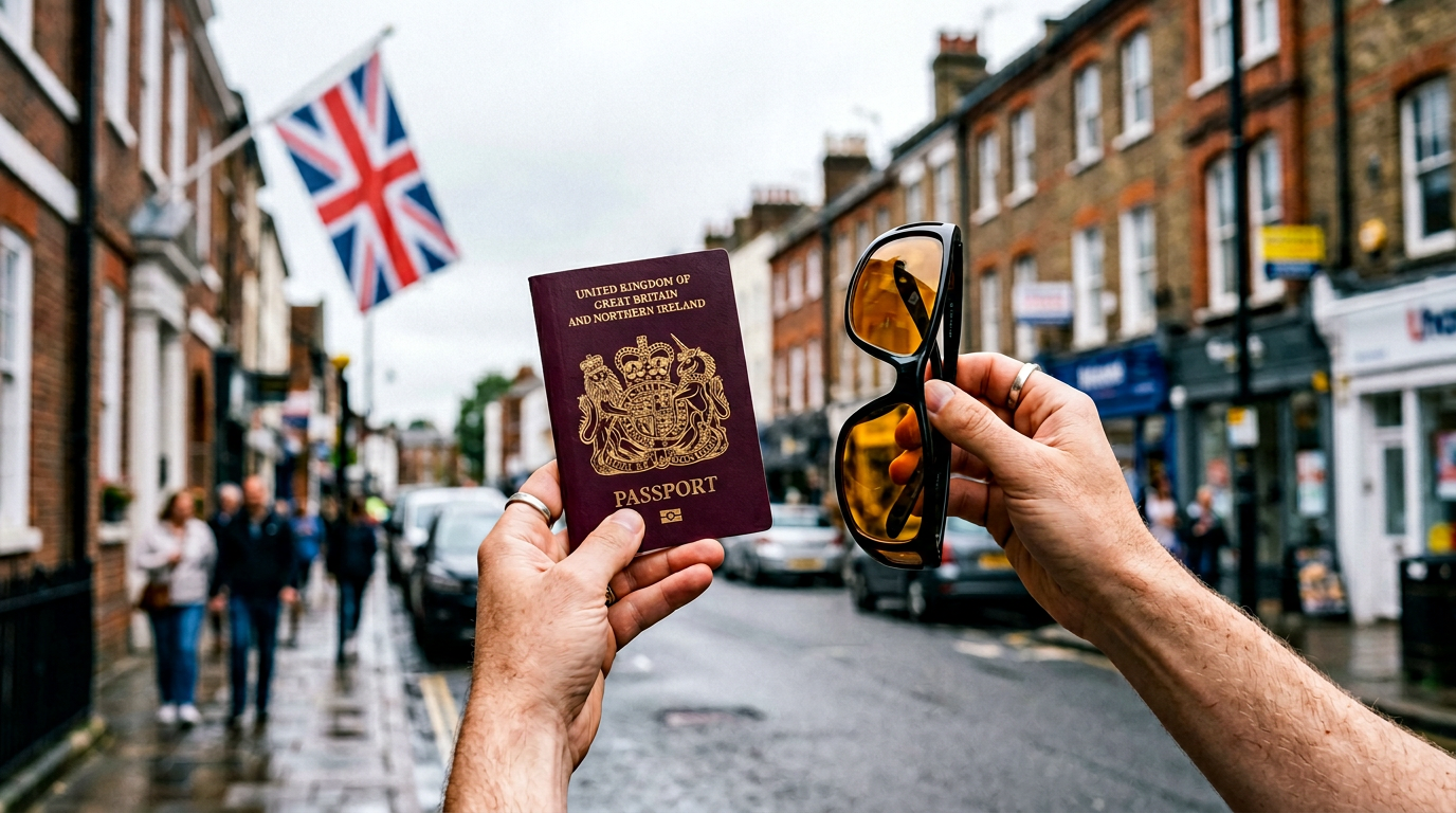 Hands holding VisionDrive night-vision glasses and a UK passport with Union Jack flag in background